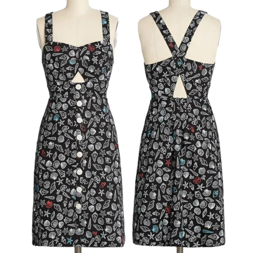 ModCloth Seashore Shells Dress Linen Pinup Cutouts Retro Coastal Black 10 - Picture 1 of 6